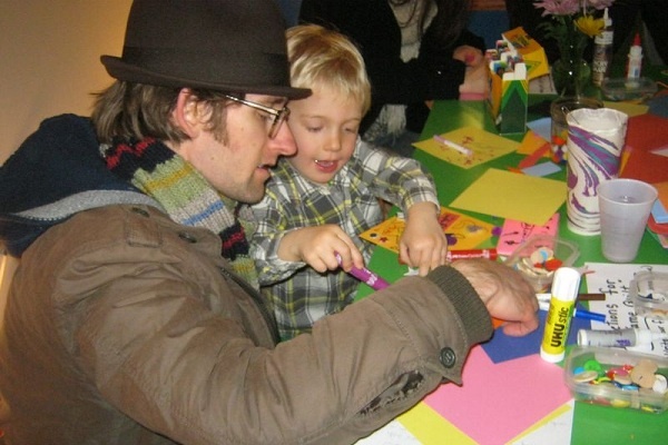 <p><p>Artists young, old and in between crafted small squares to display at Sunday's Germantown Artists Roundtable networking event. (Alaina Mabaso/for NewsWorks)</p></p>

