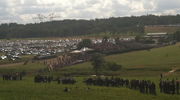  A view from the upper grandstands towards the lower one, as Union artillery batteries assemble for the re-renactment. (Chris Satullo/for NewsWorks) 
