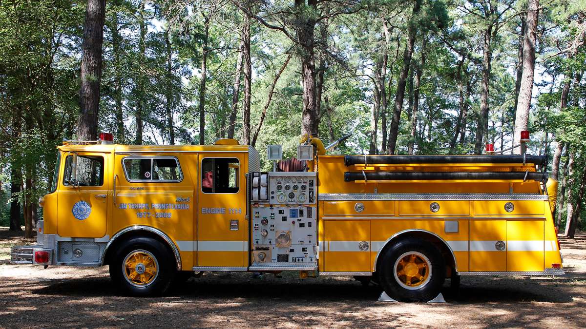 A 1977 Mack/KME pumper at the 37th Annual Fire Apparatus Show and Muster at WheatonArts, in Millville, NJ, on Sunday. (Jana Shea for NewsWorks)
