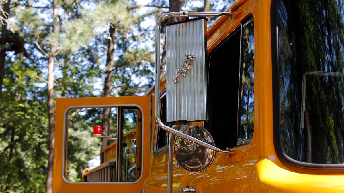 Detail from a yellow 1977 Mack/KME pumper at the 37th Annual Fire Apparatus Show and Muster at WheatonArts, in Millville, NJ, on Sunday. (Jana Shea for NewsWorks)