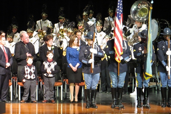 <p><p>The Delaware State Police Color Guard presents the colors for the singing of the National Anthem to start the ceremony. (Kim Phan/for NewsWorks)</p></p>
