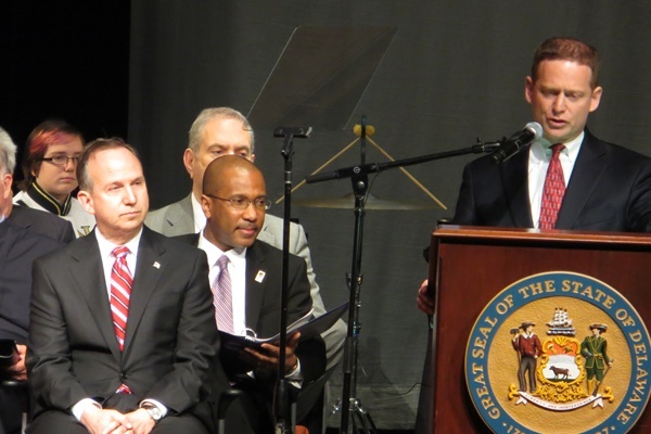 <p><p>Lt. Governor Matt Denn delivers his inaugural address, "We have a sacred obligation to those who have sacrificed for us, to the generation that follows us.  An obligation to lay a foundation for greatness." (Kim Phan/for NewsWorks)</p></p>
