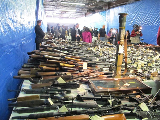 <p>A shoulder-firing rocket launcher is among the weapons turned in at the Trenton gun buyback program (Phil Gregory for NewsWorks)</p>
