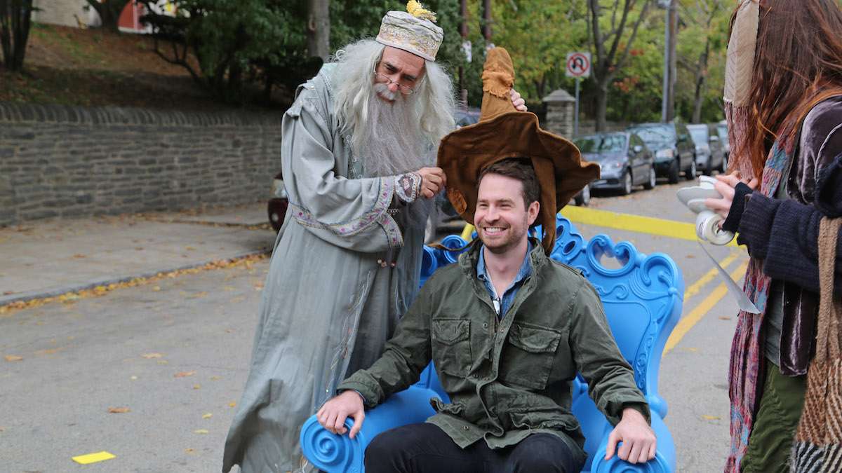 Dumbledore performing a Sorting Hat Demonstrations on Tottenham Court Road (Natavan Werbock/for NewsWorks)