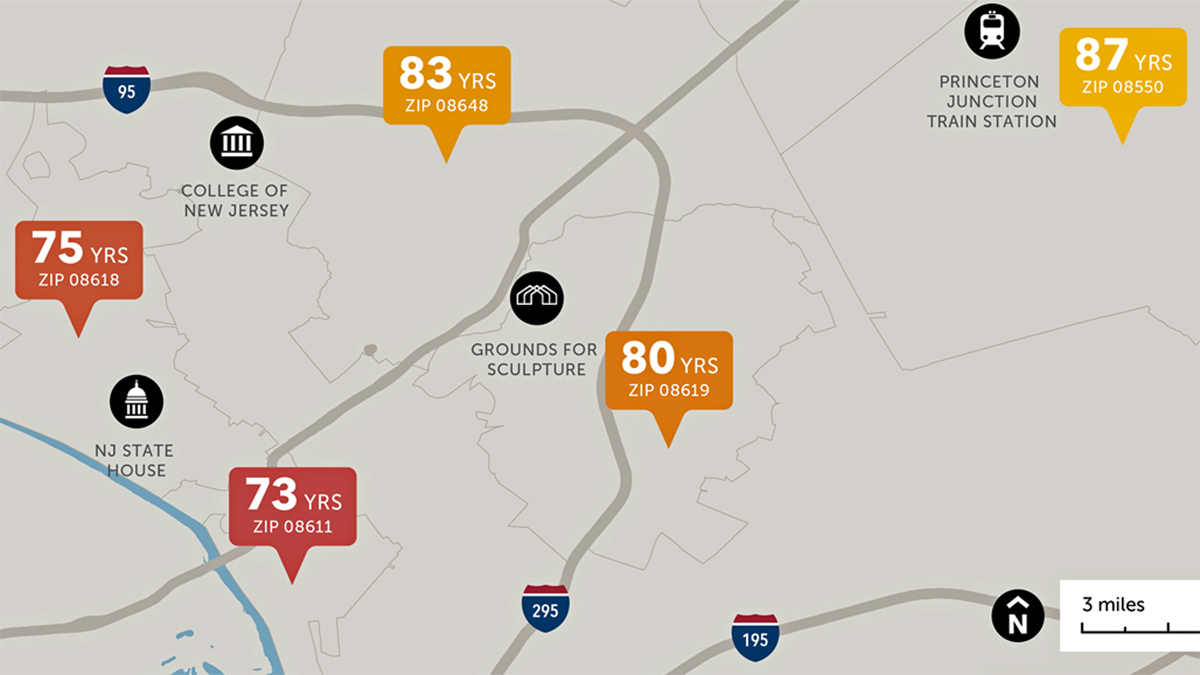 This map excerpt shows the life expectancy variations found in a new study paid for by the Robert Wood Johnson Foundation and conducted by researchers at Virginia Commonwealth University.