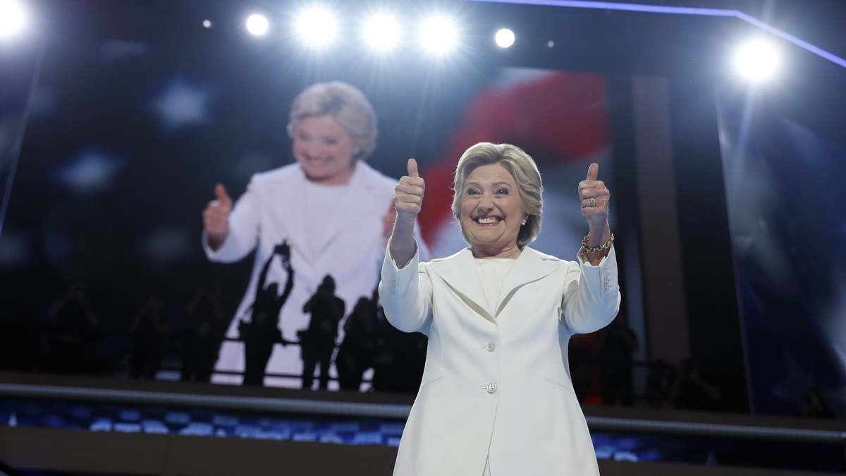  Democratic presidential nominee Hillary Clinton gives her thumbs up as she appears on stage during the final day of the Democratic National Convention in Philadelphia, Thursday, July 28, 2016. (AP Photo/Carolyn Kaster, file) 