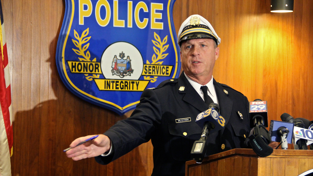  Capt. John Wilczynski reaches out to the community to identify two drivers in hit an run accidents involving children. (Emma Lee/WHYY) 