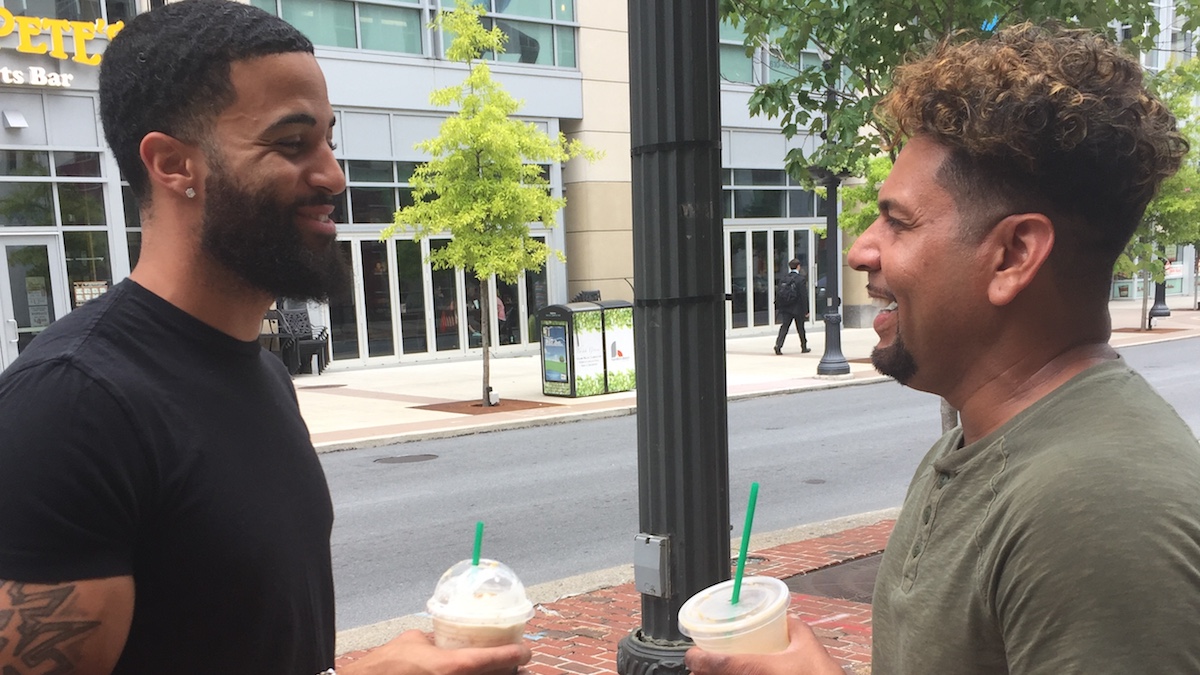  Allentown restauranteur Miguel Morales, right, (with friendTerrell Krauchick) thinks Mayor Pawlowski shouldn¹t step down. (Annette John-Hall/WHYY) 