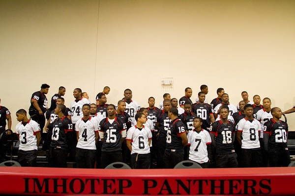 <p><p>Underclassmen from the Imhotep Institute Charter High School Panthers filled the school-gym stands before Wednesday morning's signing-day event for seniors receiving scholarships. (Brad Larrison/for NewsWorks)</p></p>
