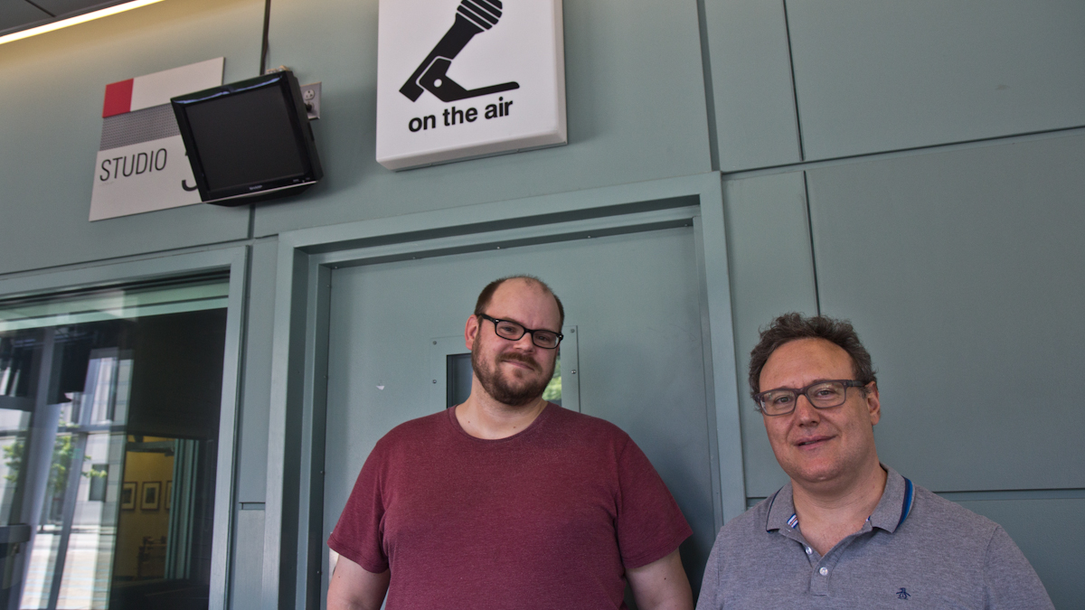 Dustin Hurt of Bowerbird and Dan Rothenberg of Pig Iron Theater in WHYY's studio Wednesday. (Kimberly Paynter/WHYY) 