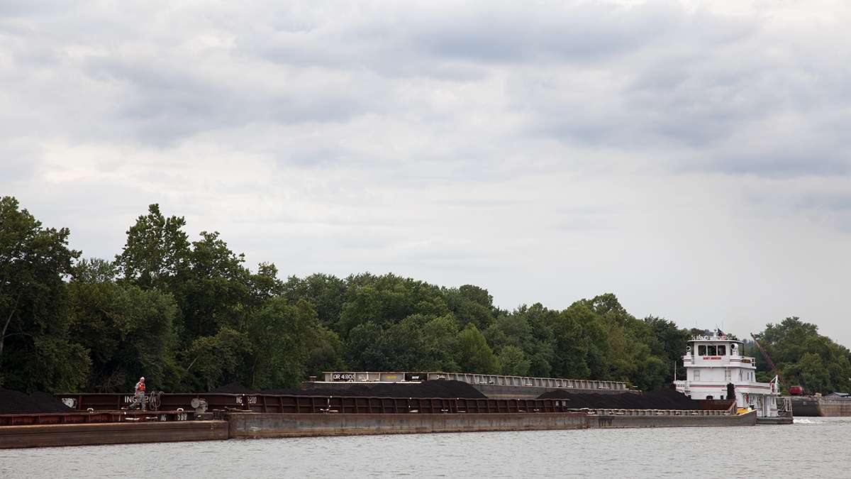 Barges move up and down Pittsburgh's rivers and can be seen stationed in the waterways, including close to downtown. Here, a chain of barges filled with coal — the primary cargo in the Port of Pittsburgh — moved on the Monongahela River close to Clairton. (Irina Zhorov/WESA)