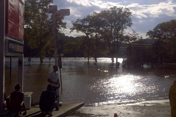 Sun hits the standing water on Kelly Drive in Philadelphia Sunday after stormed moved through the area. (Brian Hickey/For NewsWorks)