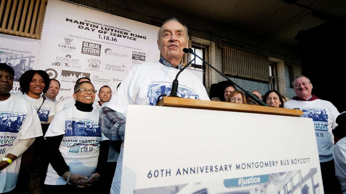 Mayor Jim Kenney (right) smiles as former U.S. Sen. Harris Wofford (D-Pennsylvania) speaks at the Martin Luther King Day of Service opening ceremony at Girard College. (Bastiaan Slabbers for WHYY)
