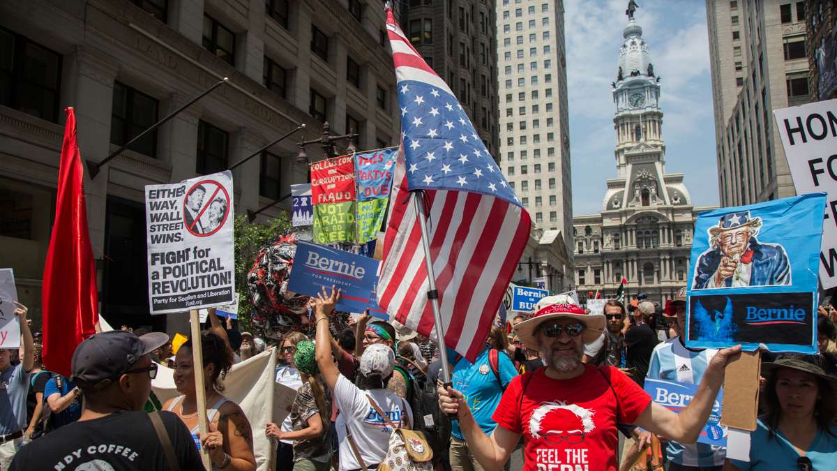 Marchers from different factions join together on a protest march down Broad Street on their way to the Democratic National Convention.