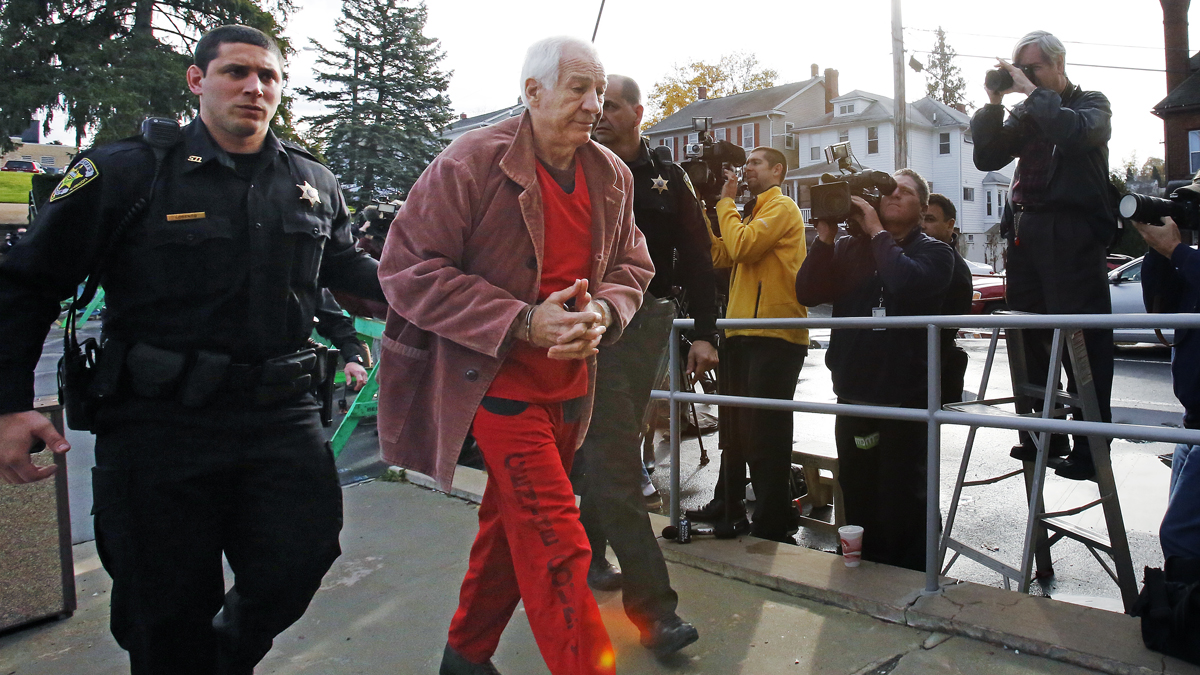 Former Penn State University assistant football coach Jerry Sandusky arrives at the Centre County Courthouse for a hearing about his appeal on his child sex-abuse conviction in Bellefonte, Pa., Oct. 29, 2015. (Gene J. Puskar/AP Photo) 