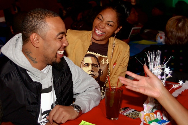 <p><p>Kiandra Poteat shares Election Day smiles with her friends at the 7165 Lounge's election result watch party. (Jana Shea /for NewsWorks )</p></p>

