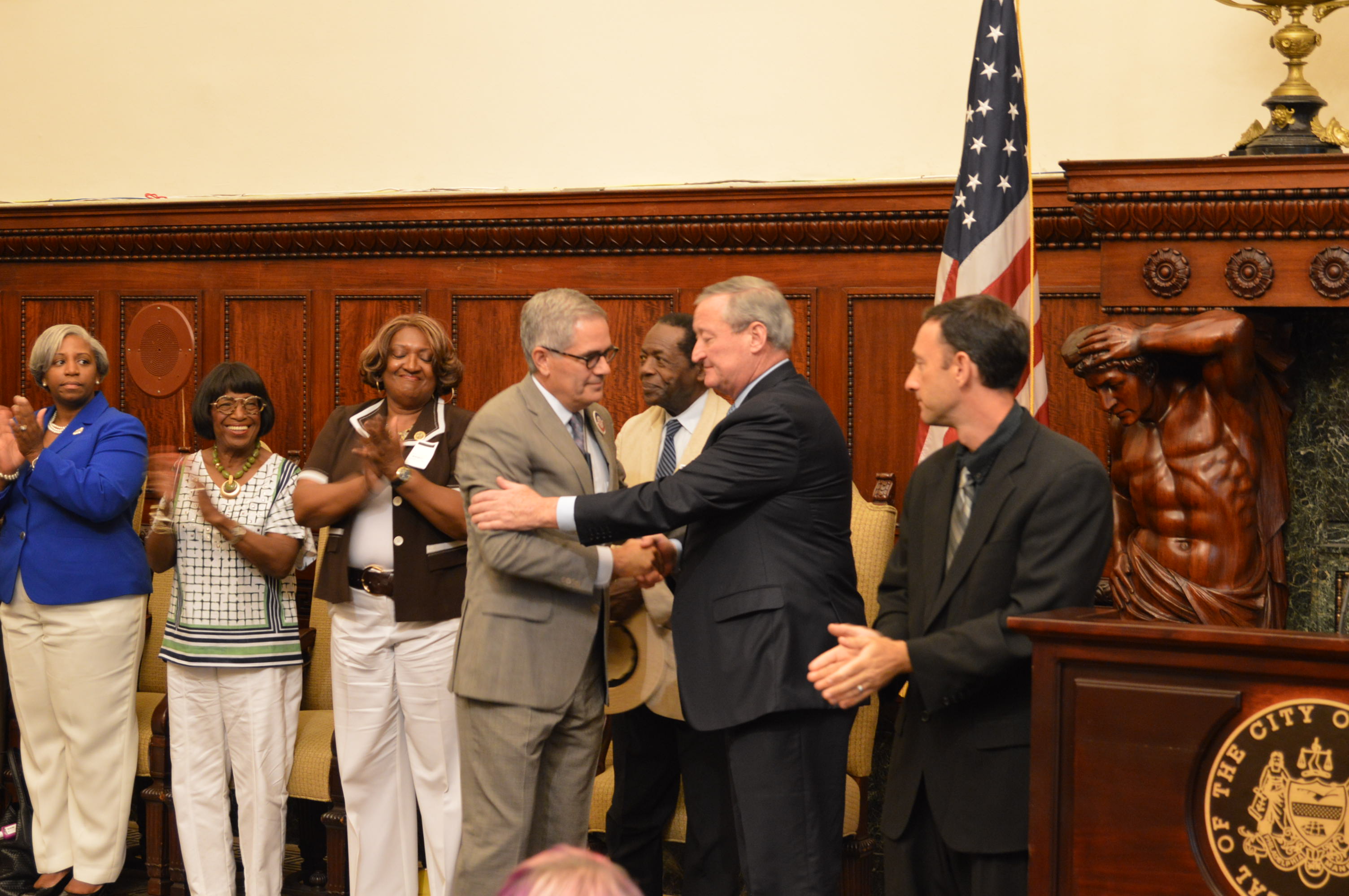  Mayor Jim Kenney endorses Larry Krasner as his choice for Philadelphia's next district attorney. Krasner, a Democrat, faces Republican Beth Grossman in the November election. (Tom MacDonald/WHYY) 