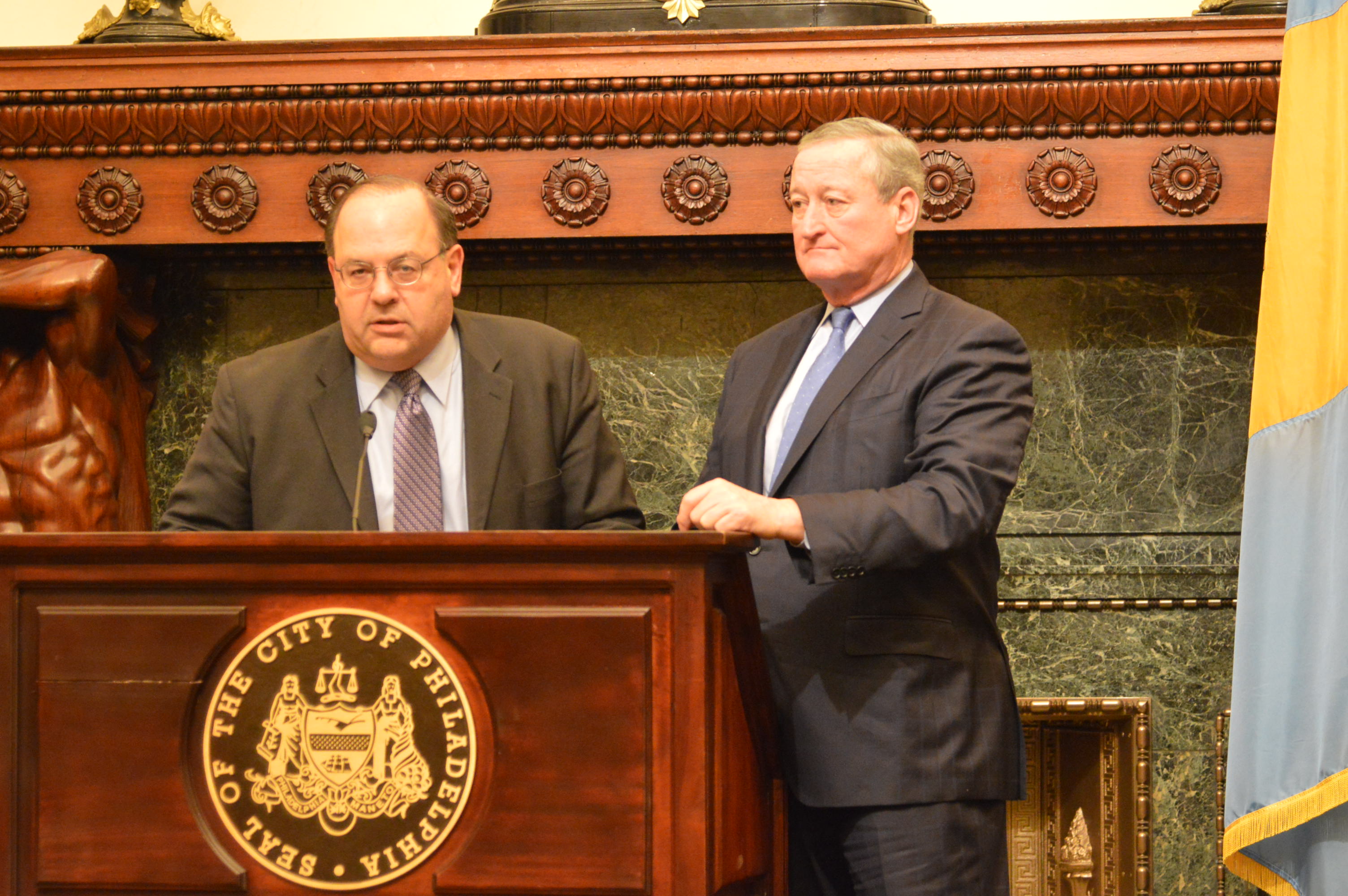  Philadelphia Councilman Allan Domb (left) and Mayor Jim Kenney talk about the city's tax-abatement program. (Tom MacDonald/WHYY) 