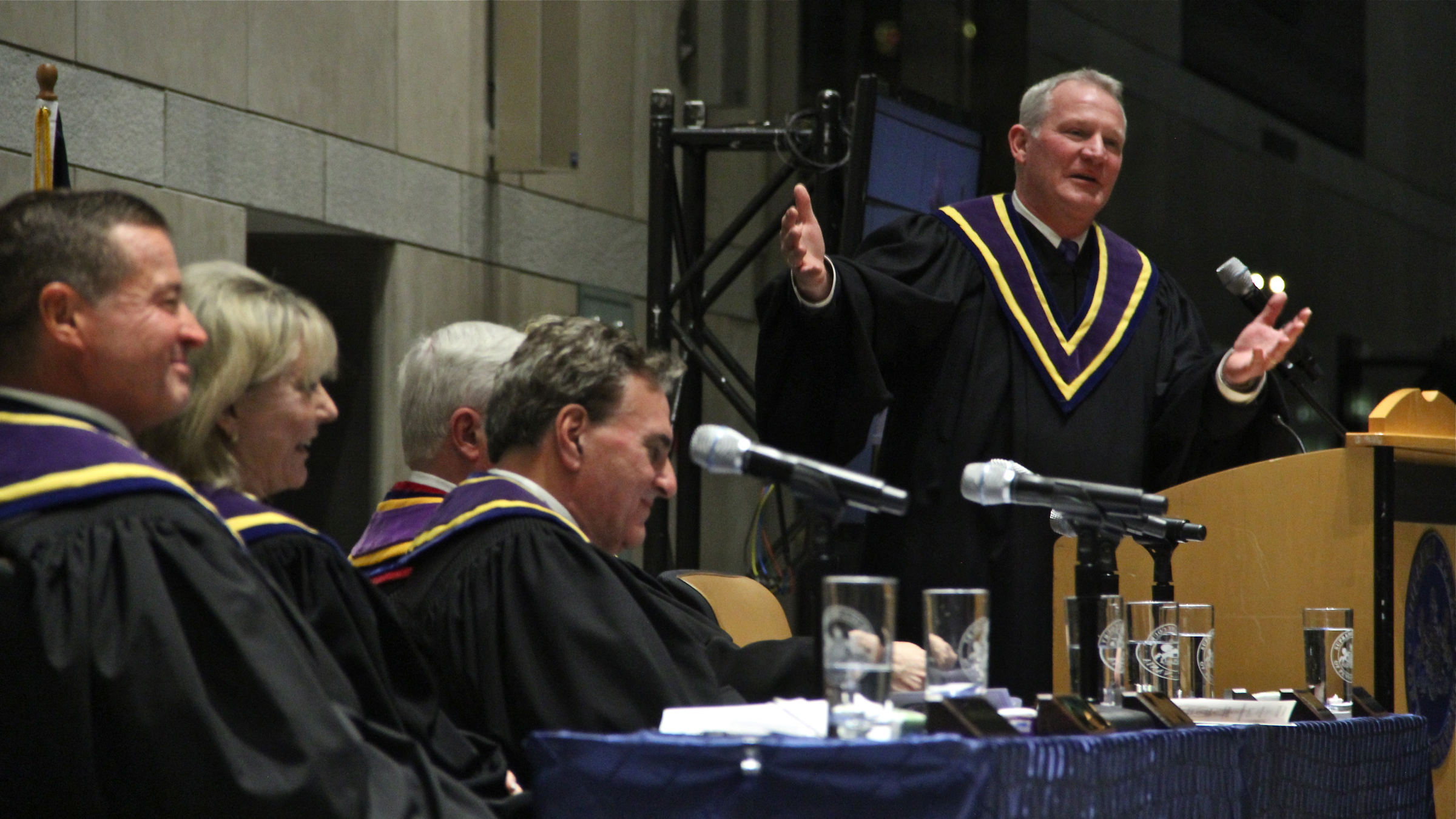  Newly sworn state Justice Kevin Dougherty speaks during an investiture ceremony attended by six of the seven justices of the Pennsylvania Supreme Court at the National Constitution Center. (Emma Lee/WHYY) 