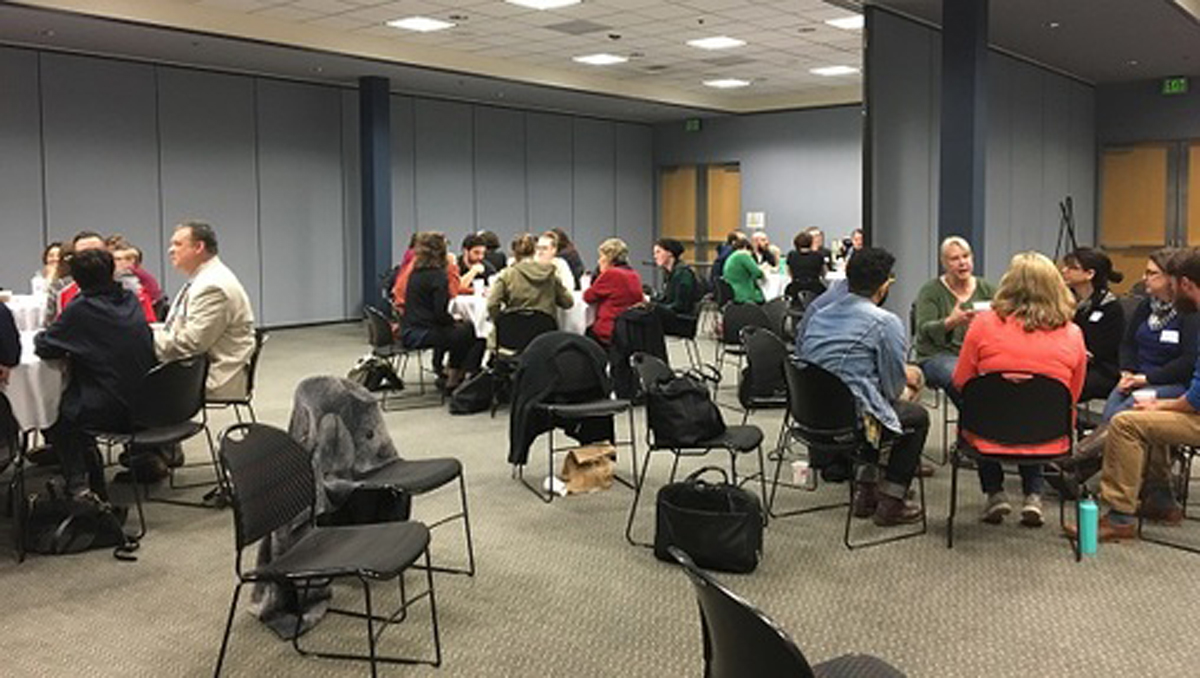  Activists at PA Together's inaugural conference break off into groups to discuss the state of organizing across the commonwealth. (Katie Meyer/WITF) 