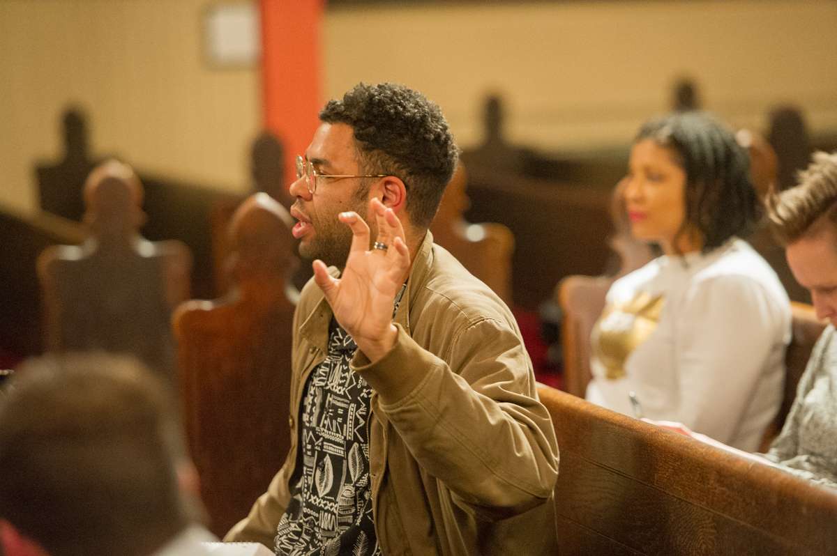 Rick Kravewski asks for clarification of protesters' rights during demonstrations at a know-your-rights training at the First Unitarian Church of Philadelphia.