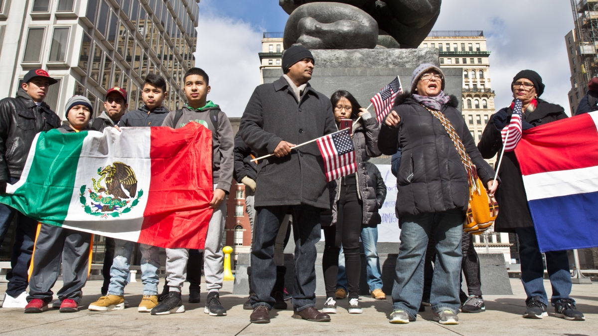  Immigrants who participated in A Day Without Immigrants gather a Thomas Paine park for a rally. (Kimberly Paynter/WHYY) 