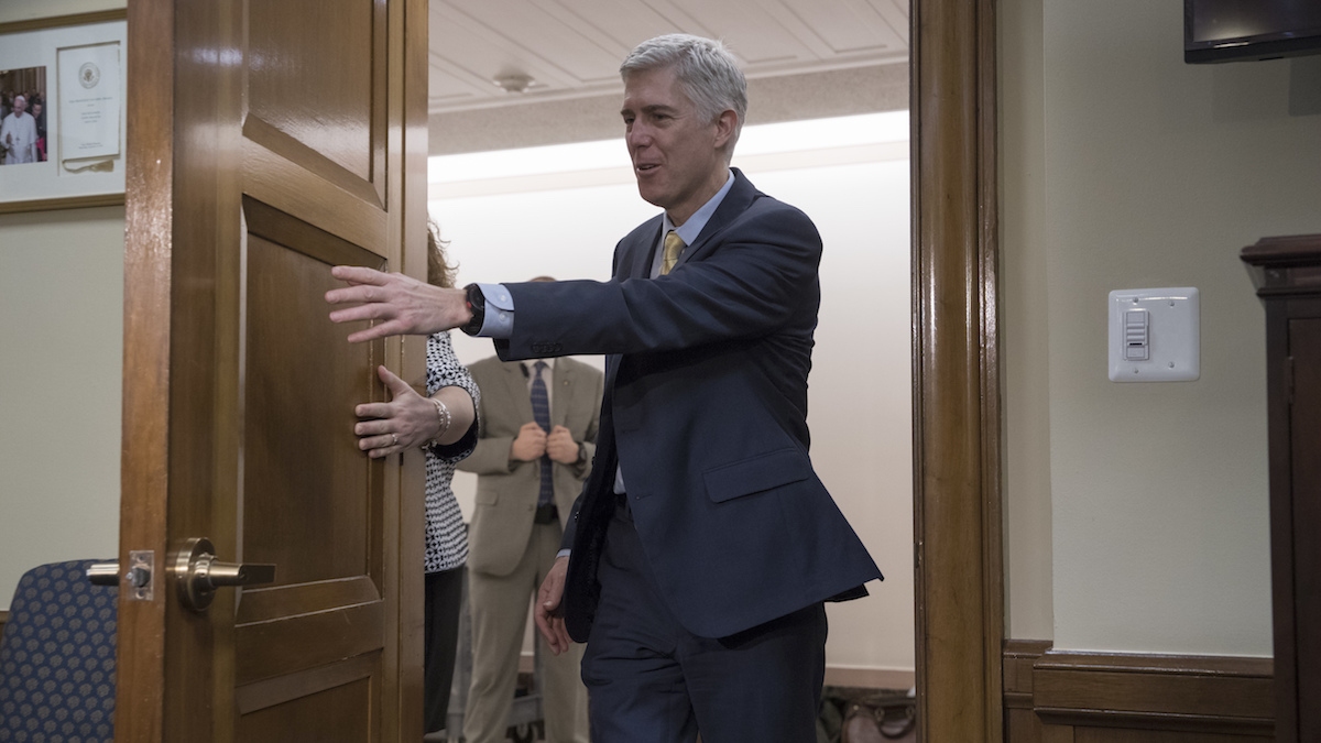  Supreme Court Justice nominee Neil Gorsuch arrives for a meeting with Sen. Roger Wicker, R-Miss. on Capitol Hill in Washington, Friday, Feb. 10, 2017. (AP Photo/J. Scott Applewhite) 