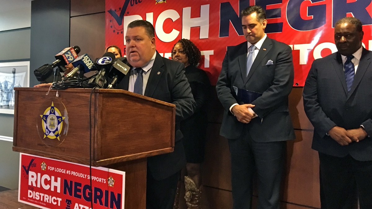  Philadelphia Fraternal Order of Police President John McNesby announces the union's endorsement of Rich Negrin for district attorney. (Dave Davies/WHYY) 
