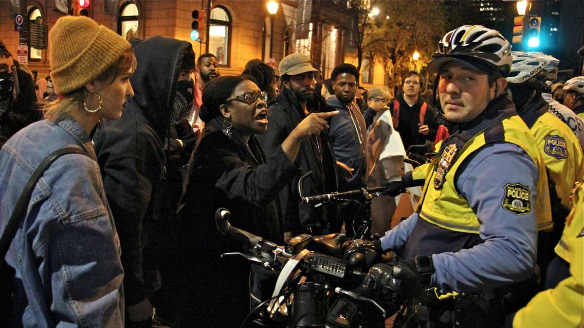  Police and protesters clash at Rittenhouse Square after a winding march through Center City in November 2016. (Emma Lee/WHYY, file) 
