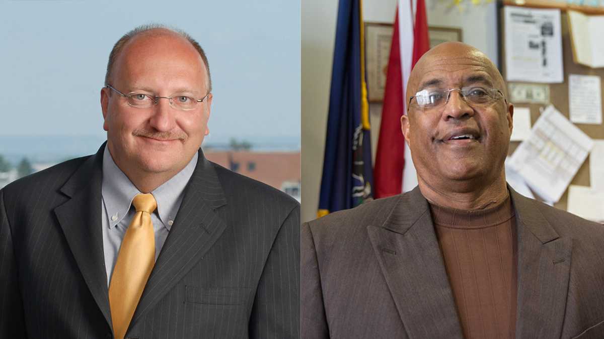  Allentown Mayor Ed Pawlowski (left) and Reading Mayor Vaughn Spencer (Images via Seven Points Consulting/Wikipedia Creative Commons and Lindsay Lazarski/WHYY) 