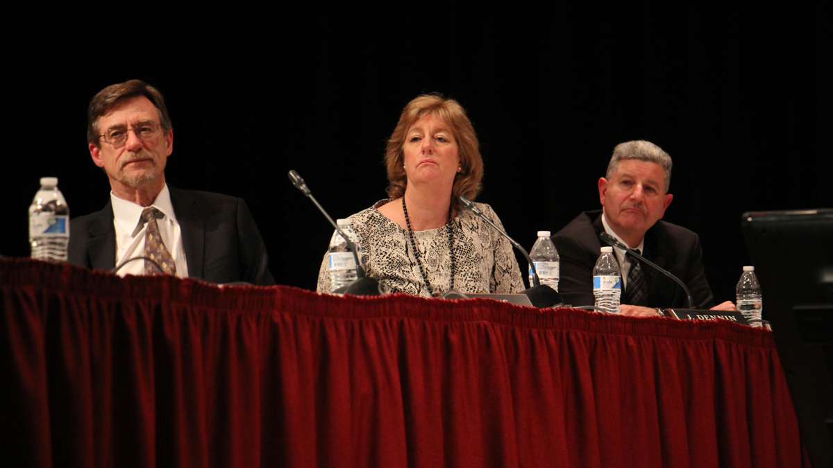 Boyertown Area School District board members listen to impassioned testimony for and against the policy of allowing transgender students to use locker rooms and bathrooms corresponding to their gender identity. (Emma Lee/WHYY)