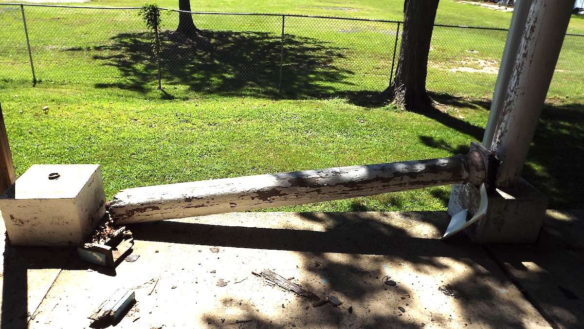A collapsed support column on the porch.