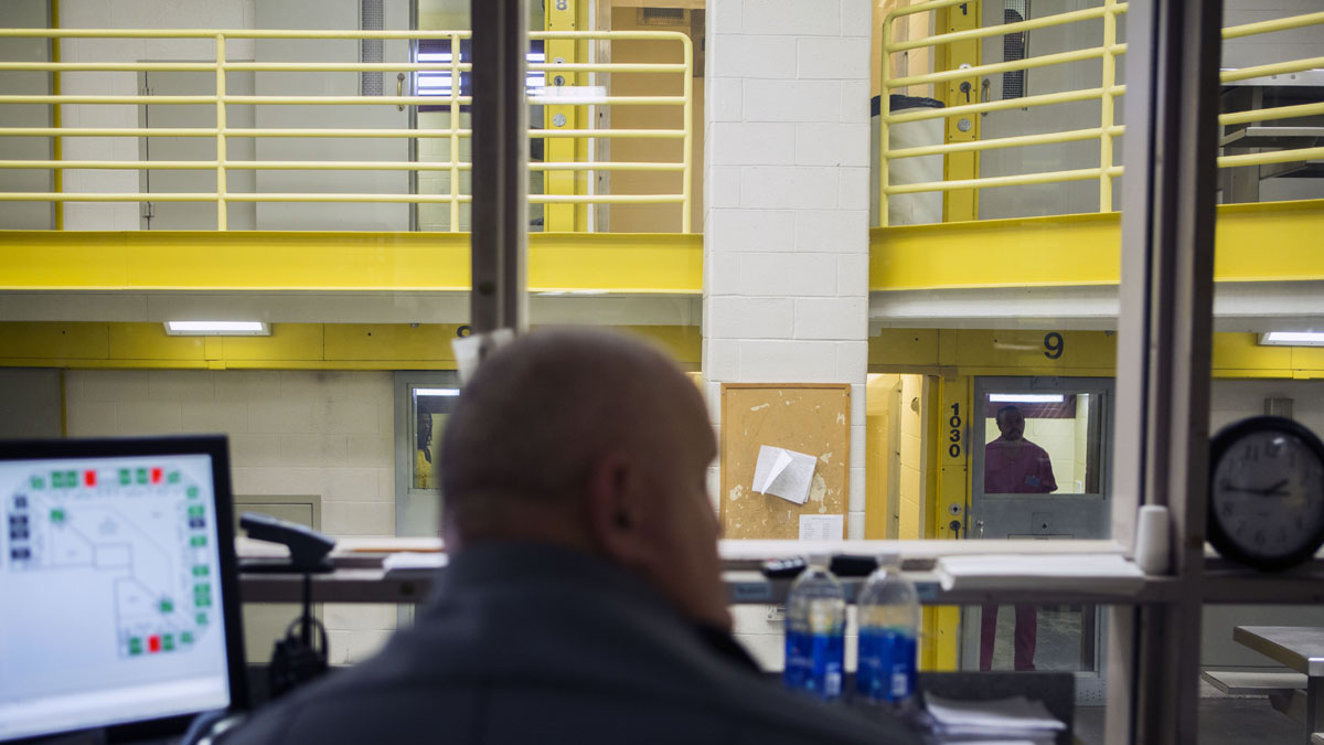 Corrections Officer Gregory Kulp monitors inmates at Lehigh County Jail in Allentown