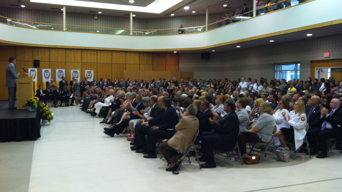  New Jersey Assembly Majority Leader Louis Greenwald (D-Camden) speaking at Rowan University's celebration of its merger and designation as a research university on Monday. 