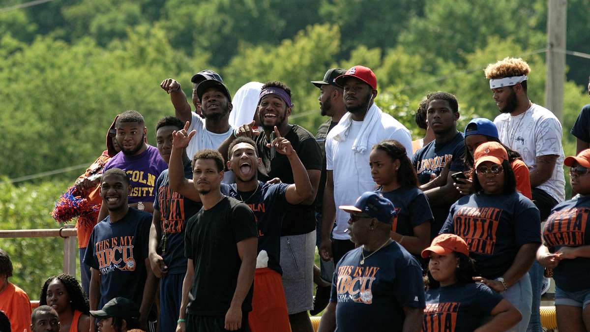 Lincon students cheer for the Lions during the 'Battle of the Firsts' at Cheyney University. (Bastiaan Slabbers/for NewsWorks)