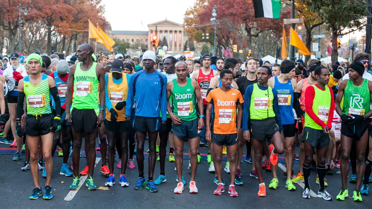 Elite runners prepare to begin The Philadelphia Marathon.