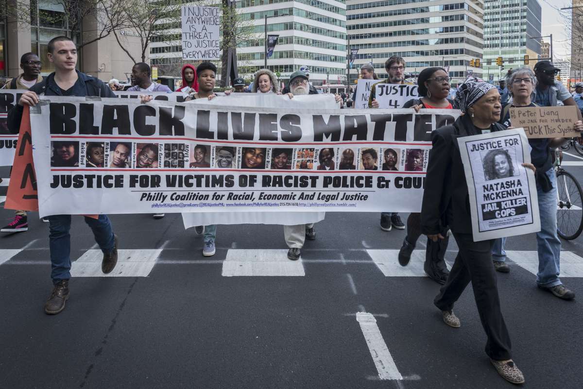 Protesters move the event from 15th and Market streets near City Hall and south on Broad Street.