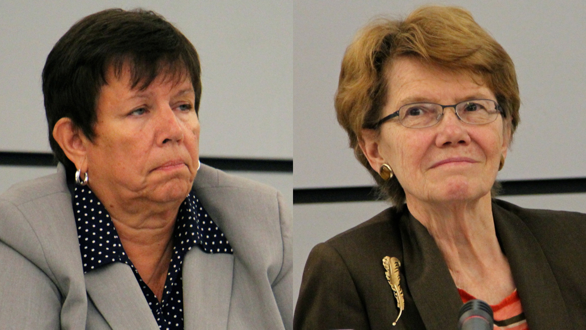  and Marjorie Neff (left) and Feather Houstoun (right) will leave the Philadelphia School Reform Commission before their terms expire. Commissioner Bill Green is suing for reinstatement as chairman of the SRC, a post now held by Neff. (Emma Lee/WHYY file) 