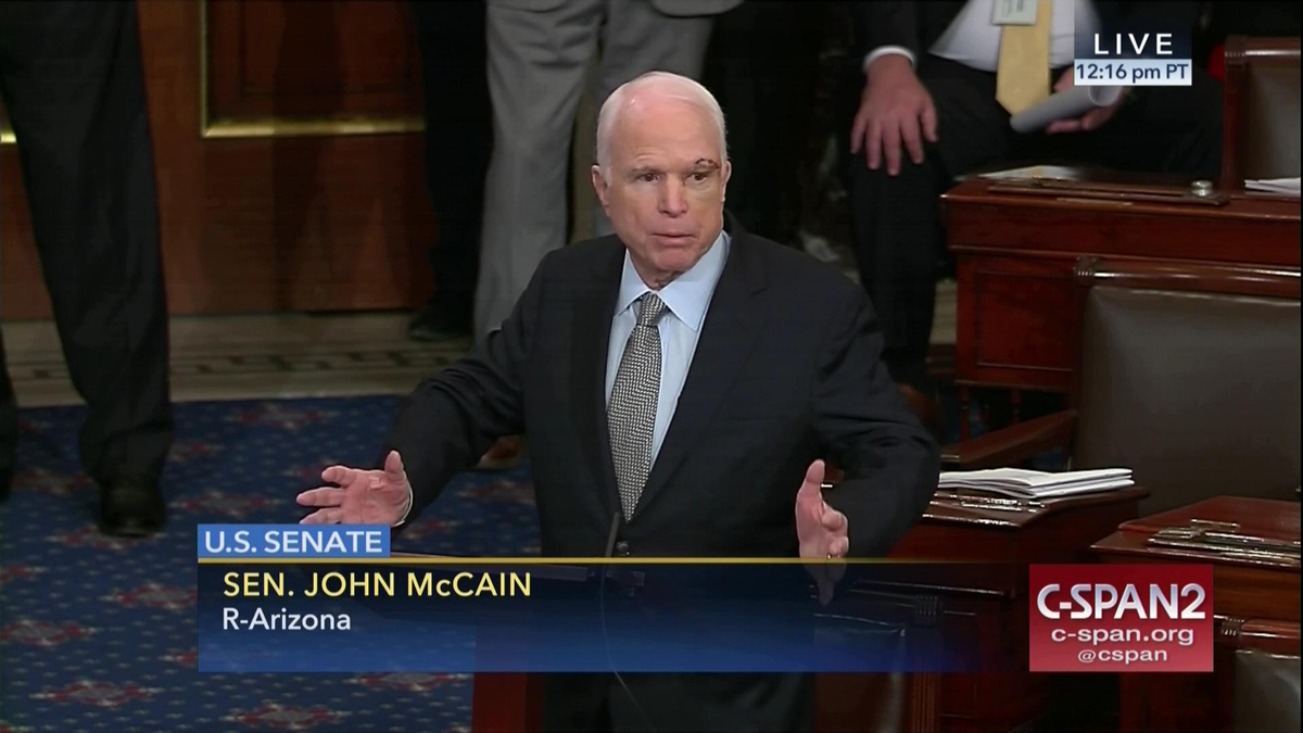  In this image from video provided by C-SPAN2, Sen. John McCain, R-Ariz. speaks the floor of the Senate on Capitol Hill in Washington, Tuesday, July 25, 2017. McCain returned to Congress for the first time since being diagnosed with brain cancer.  (C-SPAN2 via AP) 