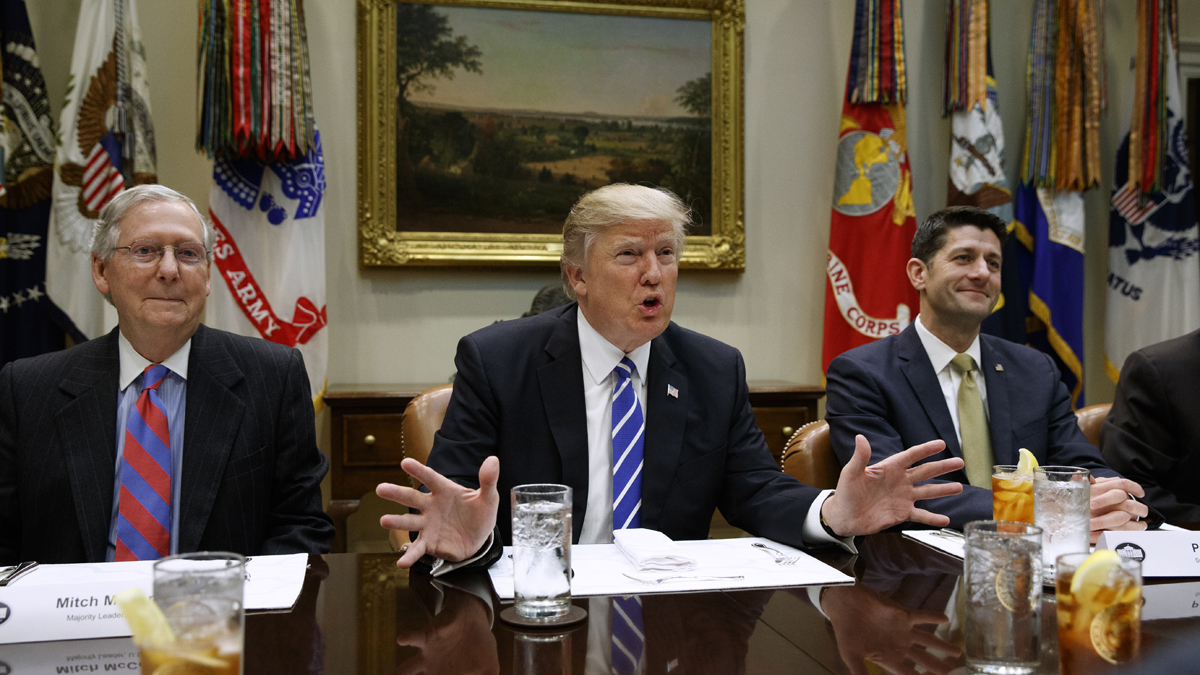  President Donald Trump speaks during a meeting with House and Senate leadership in the Roosevelt Room of the White House, Wednesday, March 1, 2017, in Washington. From left, Senate Majority Leader Mitch McConnell, R-Ky., Trump, and Speaker of the House Paul Ryan, R- Wis. (AP Photo/Evan Vucci, file) 