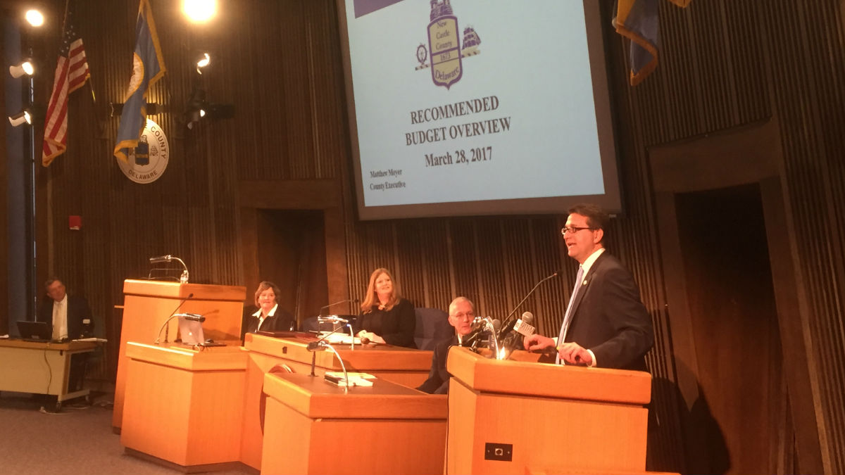 NCCo Exec. Matt Meyer delivers his budget address to members of New Castle County Council Tuesday night. (Zoë Read/WHYY) 