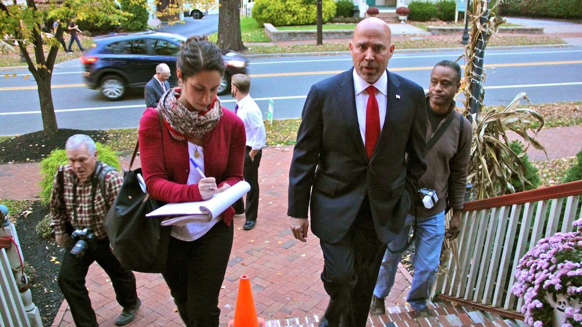 New Jersey 3rd Congressional District candidate Tom MacArthur arrives at Marlton Tavern in Burlington County where he answers questions from WHYY's Katie Colaneri. (Emma Lee/WHYY)