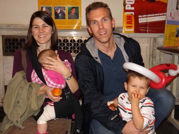 <p><p>East Falls residents Sean and Darlene Wynne toured the school with their children, Hudson, 3, and Harper, 7 months (Meg Frankowski/for NewsWorks). </p></p>
