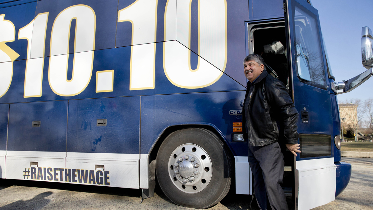  AFL-CIO President Richard Trumka arrived in Philadelphia last year as part of an 11-state bus tour advocating for an increase in the minimum wage from $7.25 to $10.10 an hour.  (AP File Photo/Matt Rourke) 
