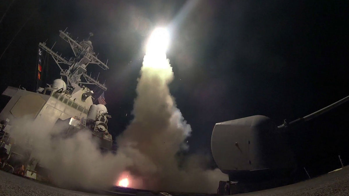  In this Friday, April 7, 2017 file image provided by the U.S. Navy, the guided-missile destroyer USS Porter (DDG 78) launches a tomahawk land attack missile in the Mediterranean Sea as the United States blasted a Syrian air base with a barrage of cruise missiles in fiery retaliation for a gruesome chemical weapons attack against civilians earlier in the week. North Korea has vowed to bolster its defenses to protect itself against airstrikes like the ones President Donald Trump ordered against an air base in Syria. The North called the airstrikes 