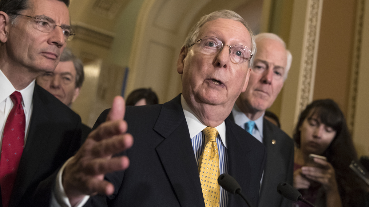  Senate Majority Leader Mitch McConnell, R-Ky., flanked by Sen. John Barrasso, R-Wyo., left, and Majority Whip John Cornyn, R-Texas, meets with reporters at the Capitol in Washington, Tuesday, June 6, 2017. (AP Photo/J. Scott Applewhite) 