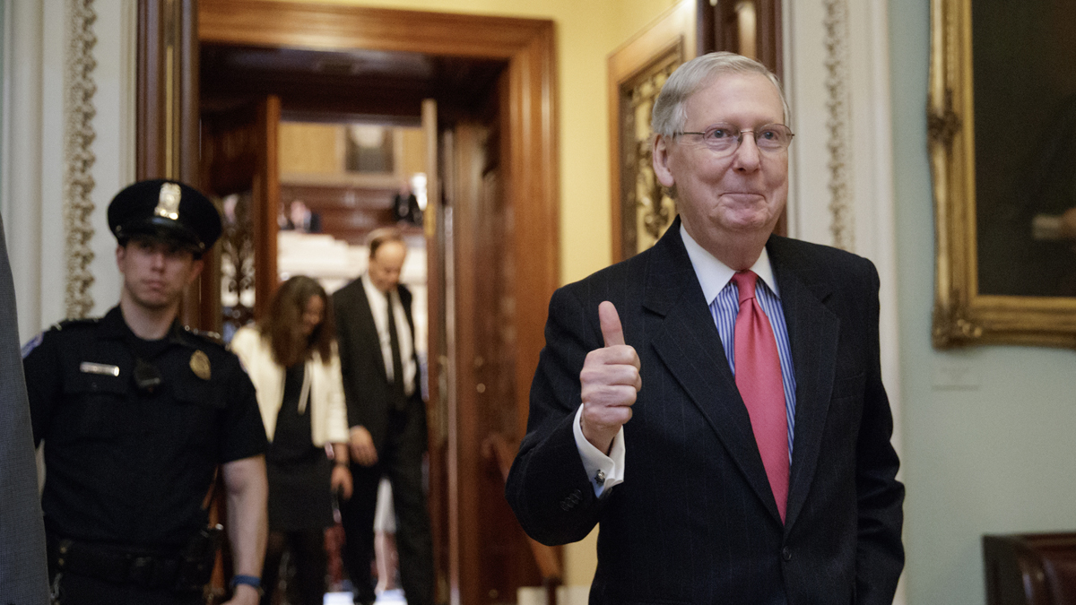  Senate Majority Leader Mitch McConnell, R-Ky., signals a thumbs-up as he leaves the chamber after he led the GOP majority to change Senate rules and lower the vote threshold for Supreme Court nominees from 60 votes to a simple majority in order to advance Neil Gorsuch to a confirmation vote. (AP Photo/J. Scott Applewhite)  