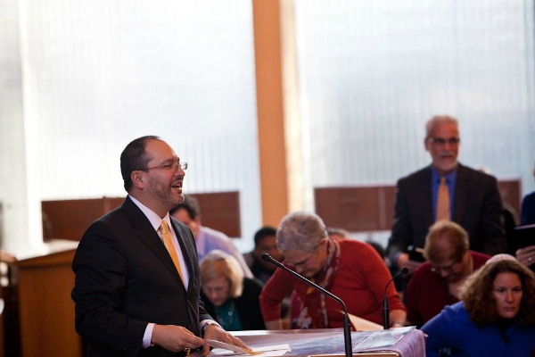 <p><p>Master of Ceremonies, Rev. Ernest Flores of Second Baptist Church of Germantown, makes an opening statement to those in attendance. (Brad Larrison/for NewsWorks)</p></p>
