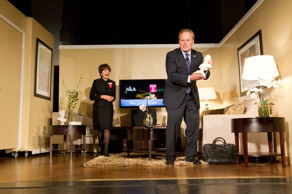 <p><p>Master of ceremonies Tyler Mathisen, co-anchor of CNBC’s PowerLunch, opens the evening in a replica of a Korman Communities suite with longtime Korman employee Kathy Ragg (Photo courtesy of Ryan S. Brandenberg)</p></p>
