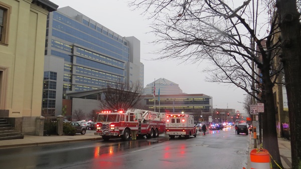 <p><p>Authorities spent the day searching the courthouse in Wilmington. They'll go over the area again Tuesday as part of their investigation. (Mark Eichmann/WHYY)</p></p>
